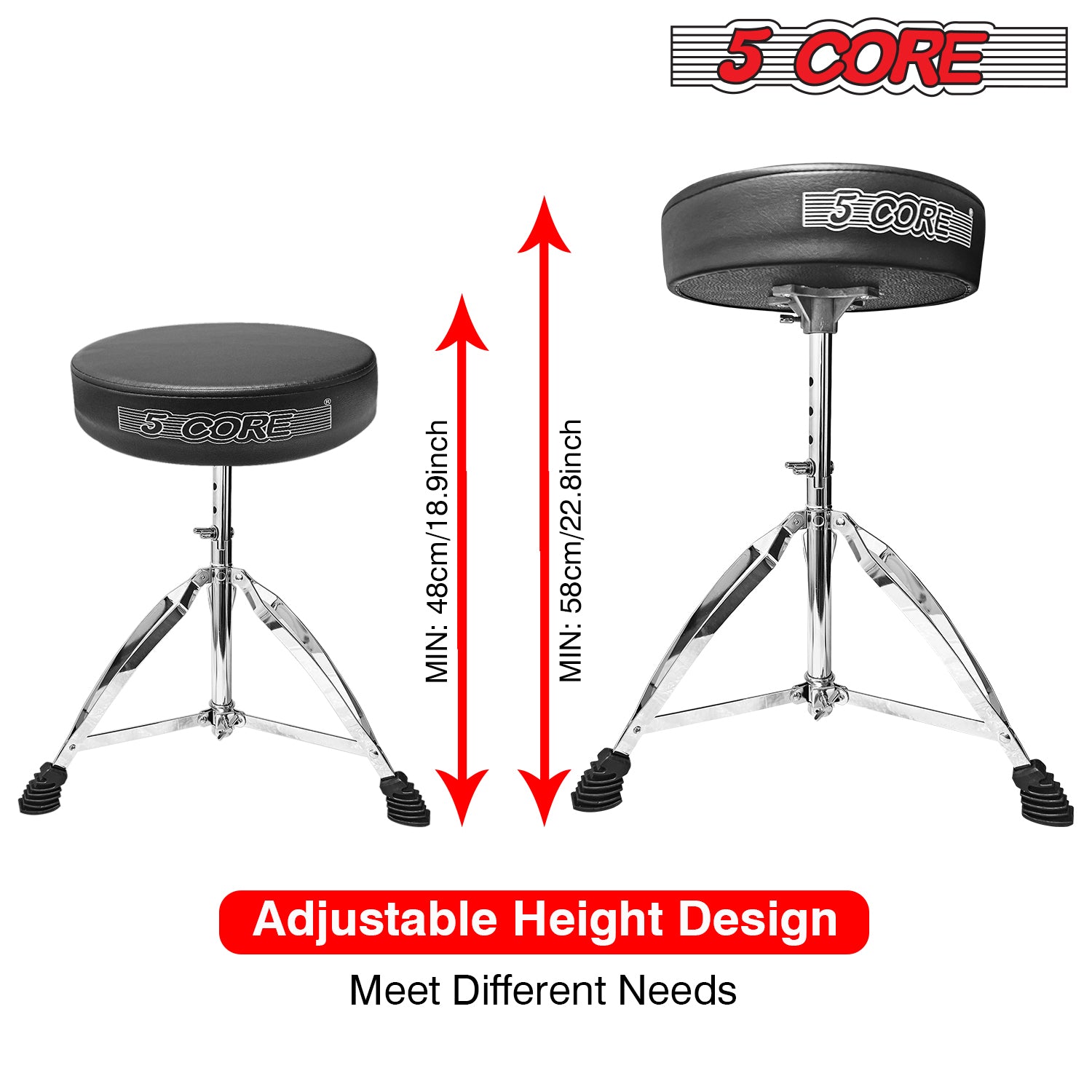 5Core Drum Throne featuring high-density memory foam and adjustable height for drummers, showcasing its sturdy design and comfort.